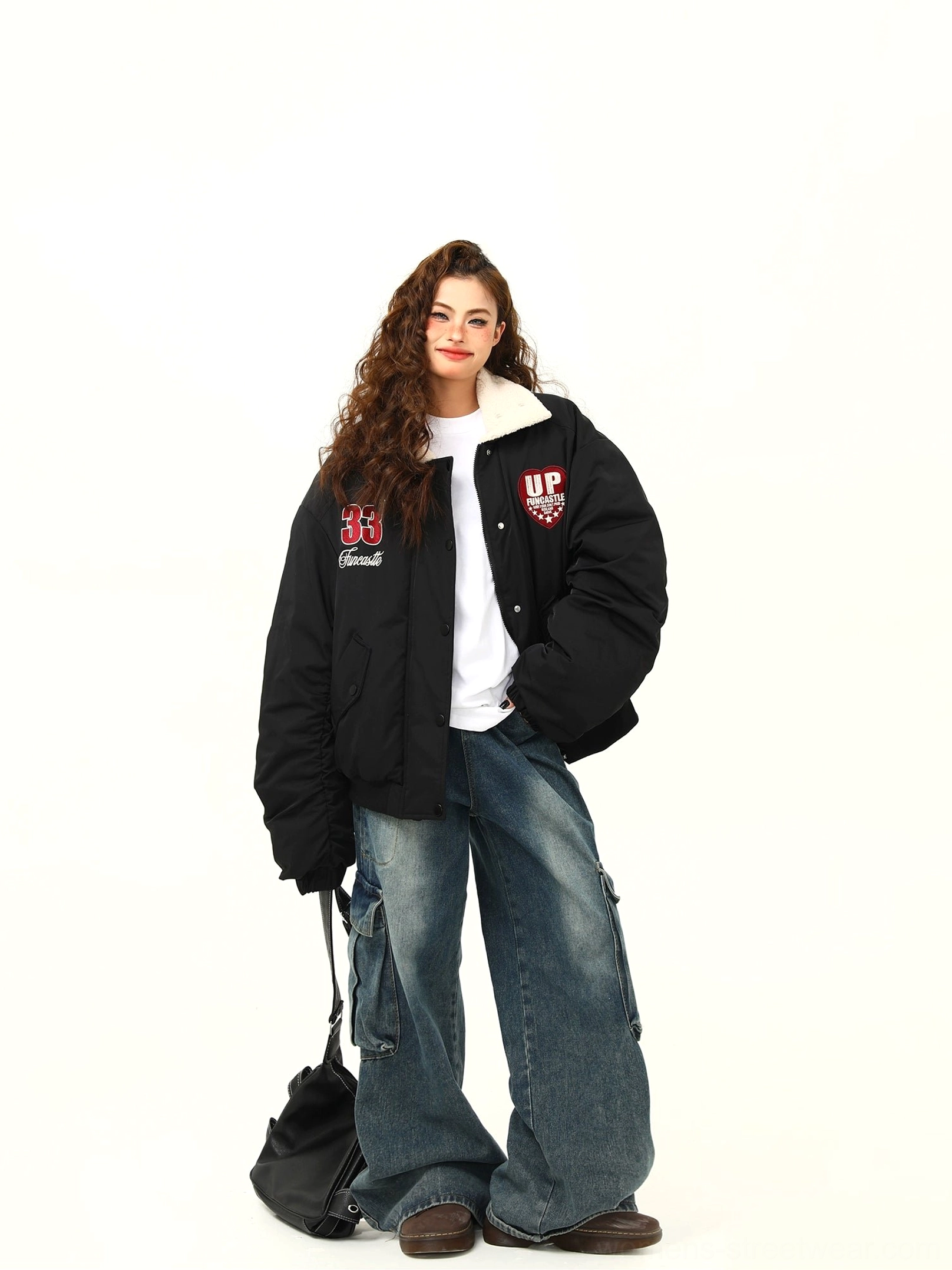 Oversized varsity patch bomber jacket with soft fleece collar streetwear outerwear detail