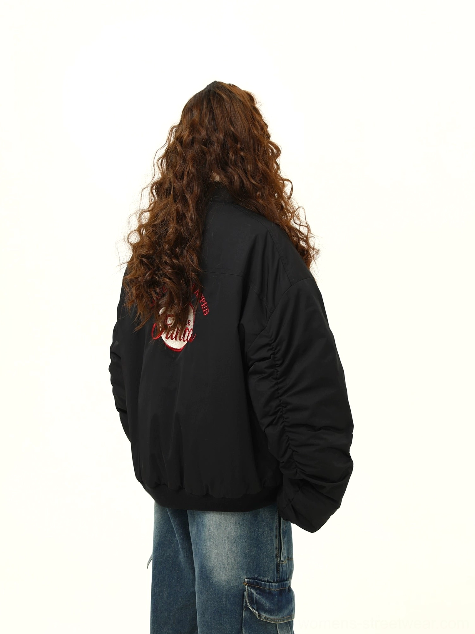 Oversized varsity patch bomber jacket with collegiate embroidery and elasticated bomber cuffs