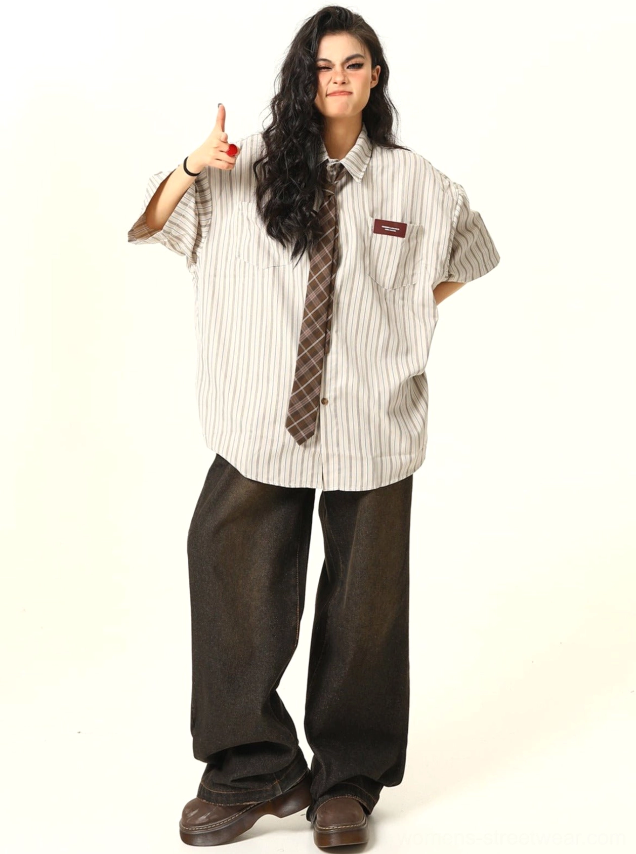 Oversized vertical striped short sleeve shirt with vintage-inspired tie detail and relaxed Seoul streetwear aesthetic