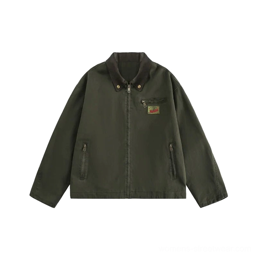 Army Green and black oversized vintage cargo work jacket product image with contrast collar, embroidered chest patch, zip front, and utility streetwear design