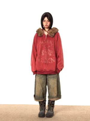 Front view of oversized vintage red fur-trimmed hooded jacket with retro chest graphic and ribbed hem for womens streetwear