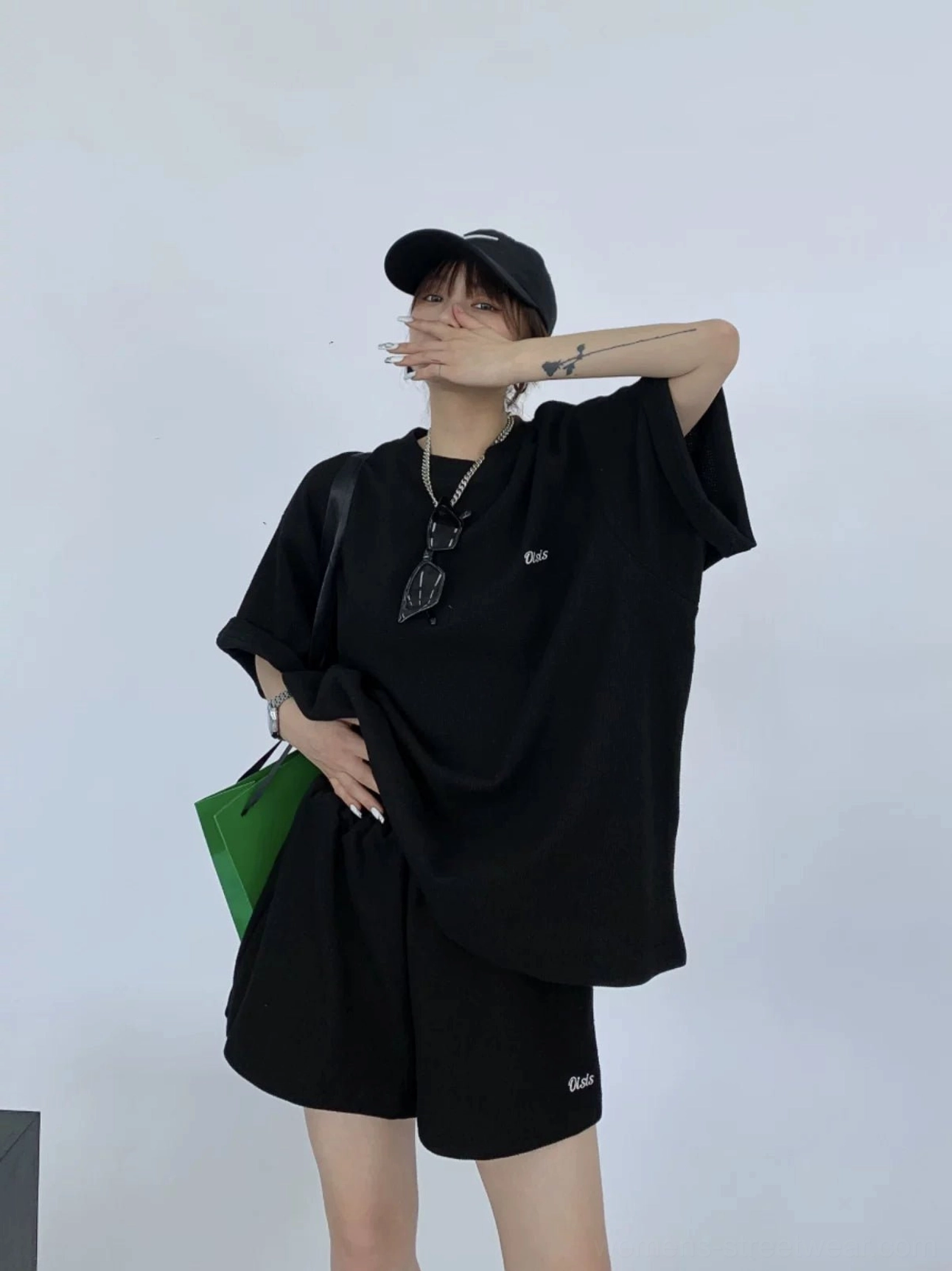 Black oversized waffle knit T-shirt and matching shorts streetwear lounge set front view