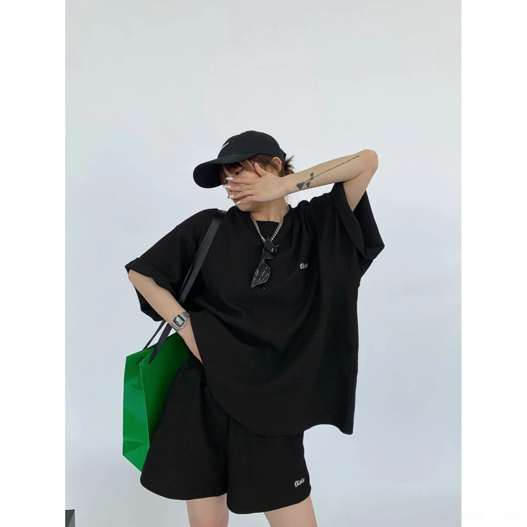 Black oversized waffle knit T-shirt and matching shorts relaxed cotton streetwear set