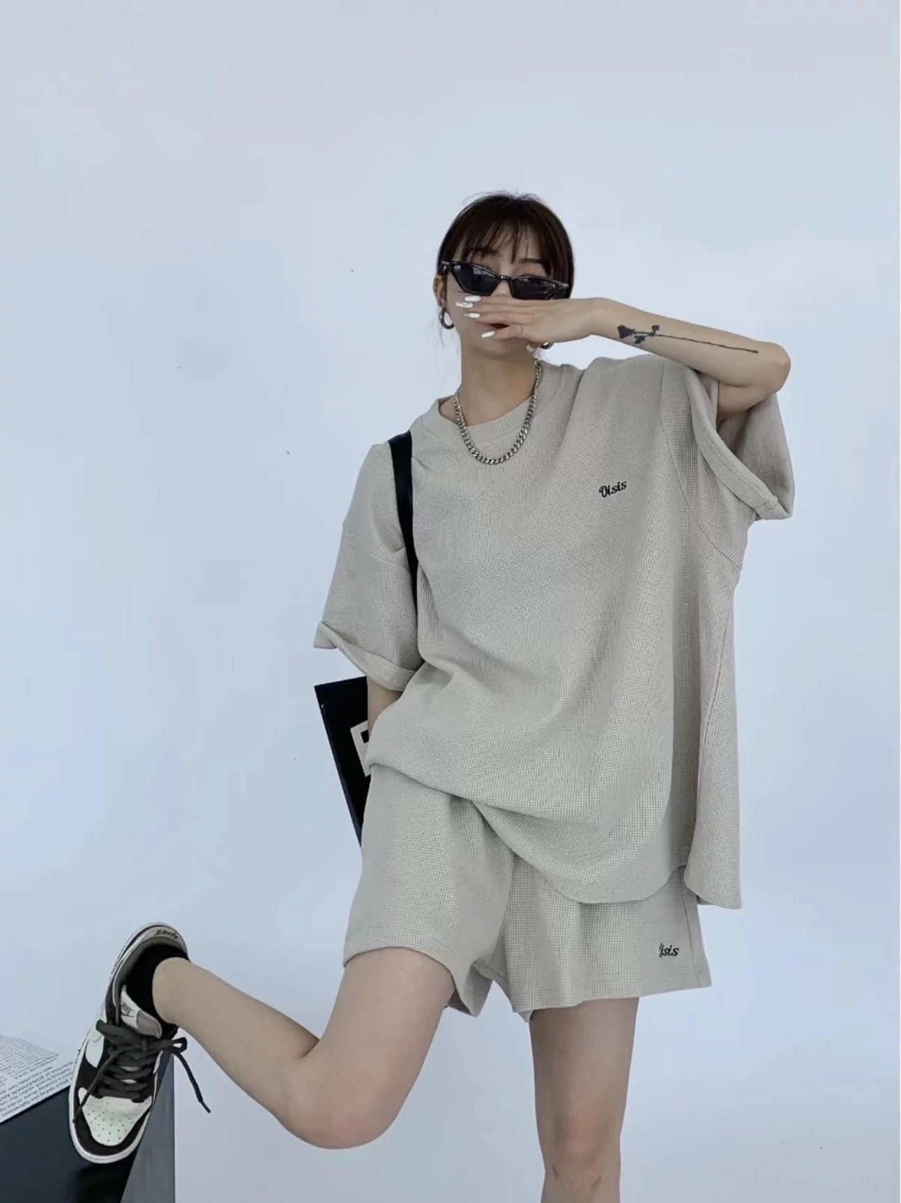 Sand oversized waffle knit T-shirt and matching shorts streetwear lounge set front view on model