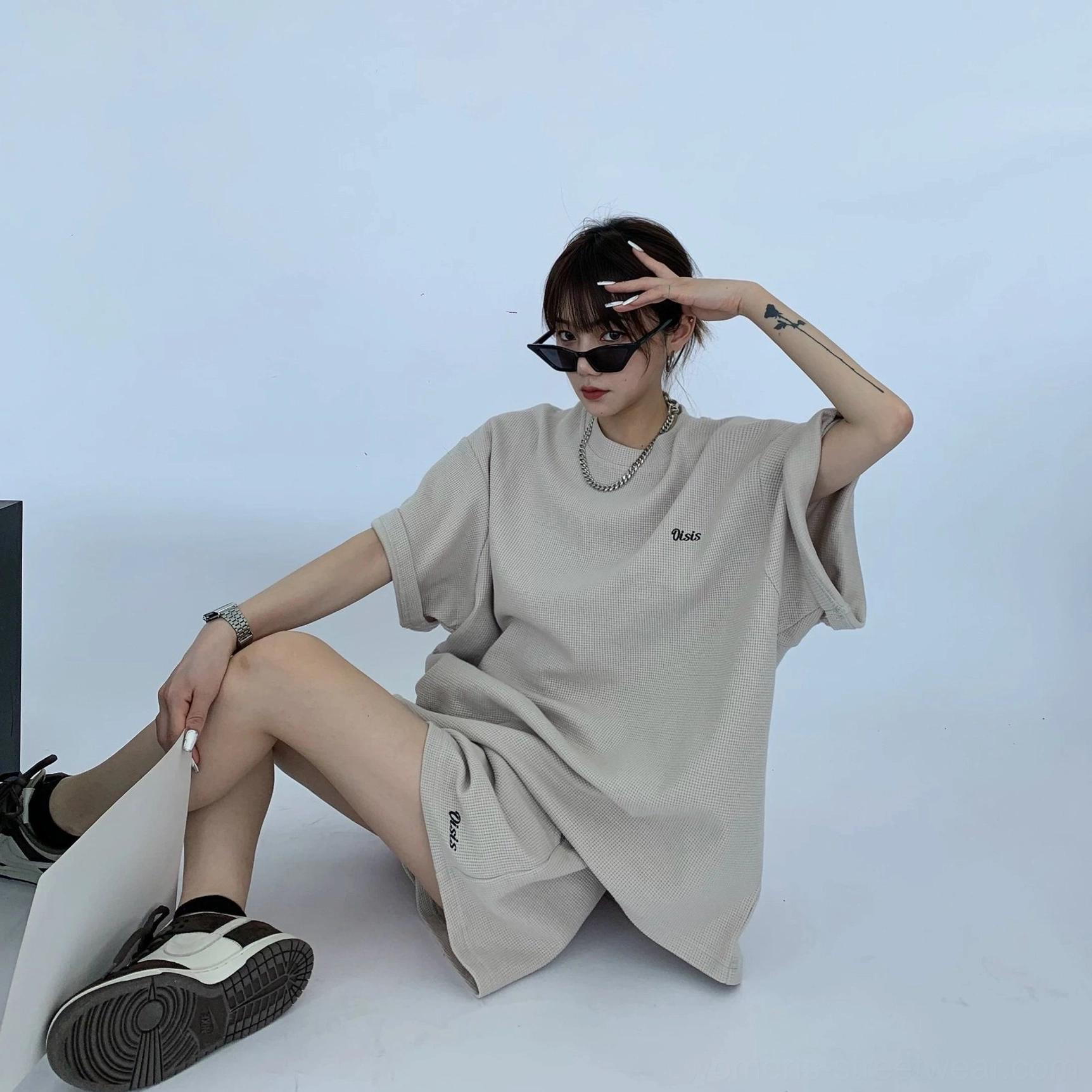 Sand oversized waffle knit T-shirt and shorts lounge set styled in a relaxed seated streetwear look