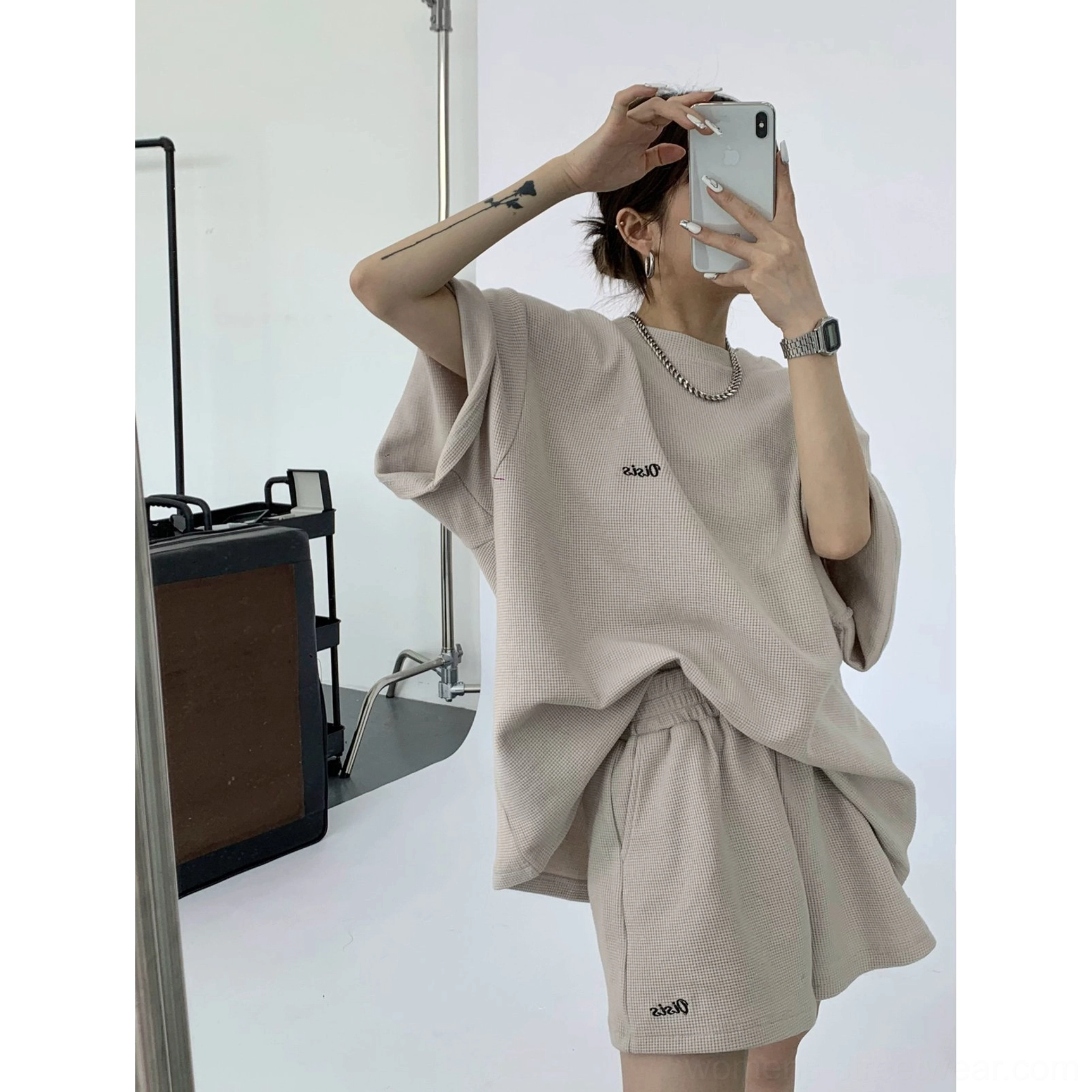 Wood gray oversized waffle knit T-shirt and matching shorts casual streetwear lounge set