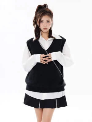 White oversized button-down shirt layered under a black knit vest with pleated skirt