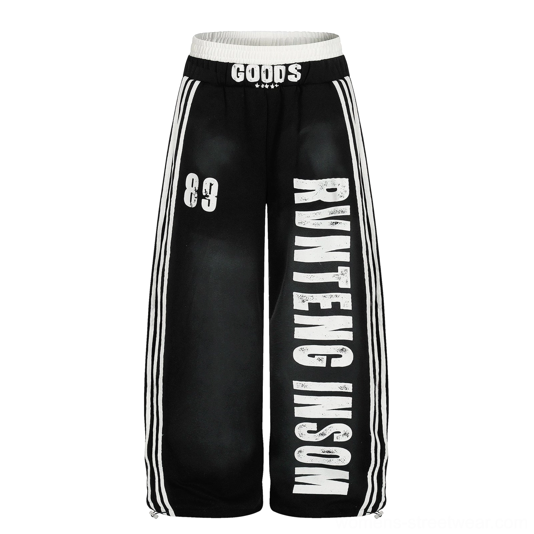 Black and gray oversized wide-leg graphic fleece sweatpants product detail view for Y2K Korean streetwear styling