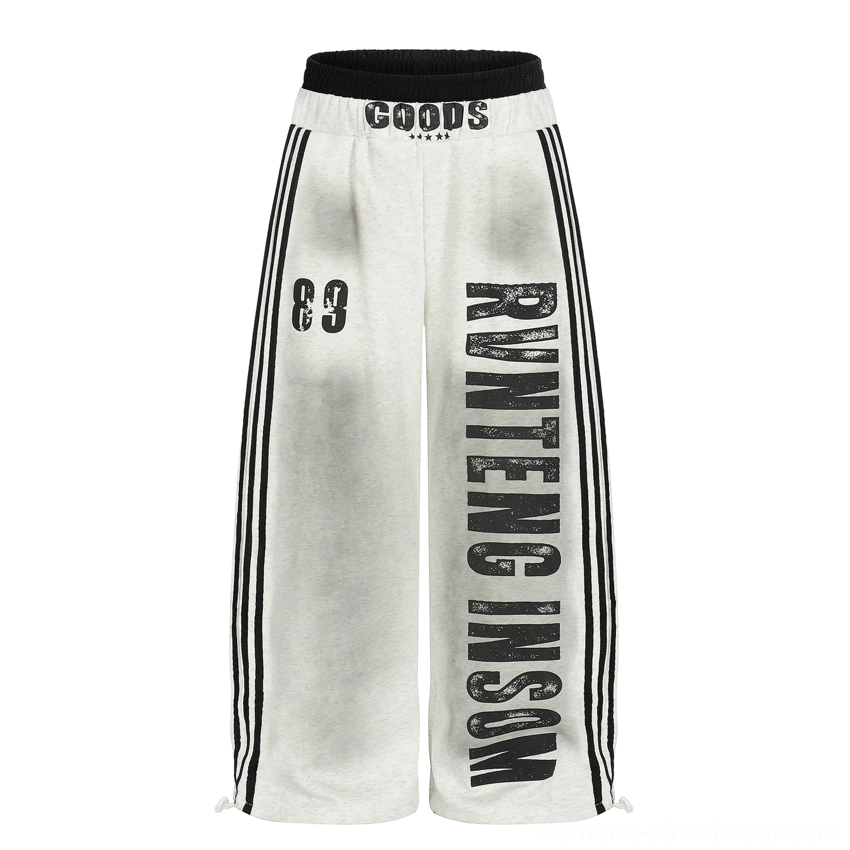 Oversized wide-leg graphic fleece sweatpants in black and gray color options with varsity prints and striped streetwear design