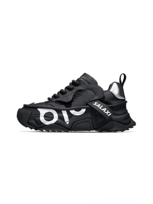 OWL 3.0 black chunky platform dad sneaker side front view with layered mesh upper and sculpted rubber sole