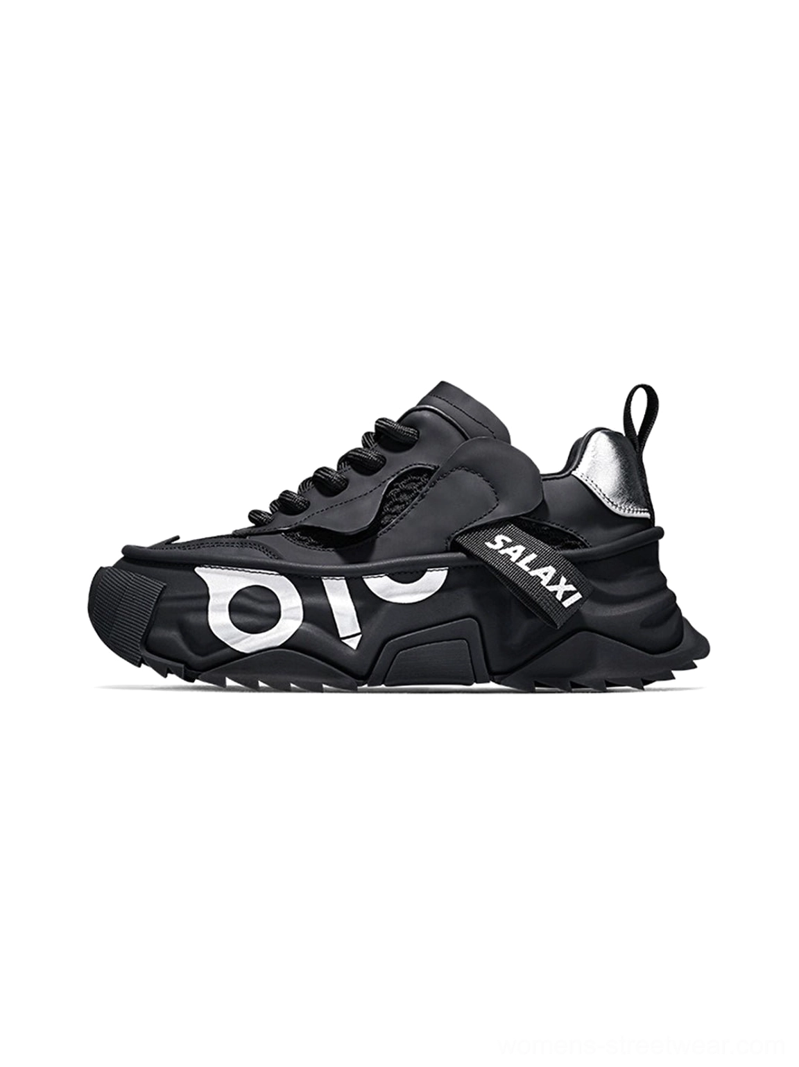 OWL 3.0 black chunky platform dad sneaker side front view with layered mesh upper and sculpted rubber sole