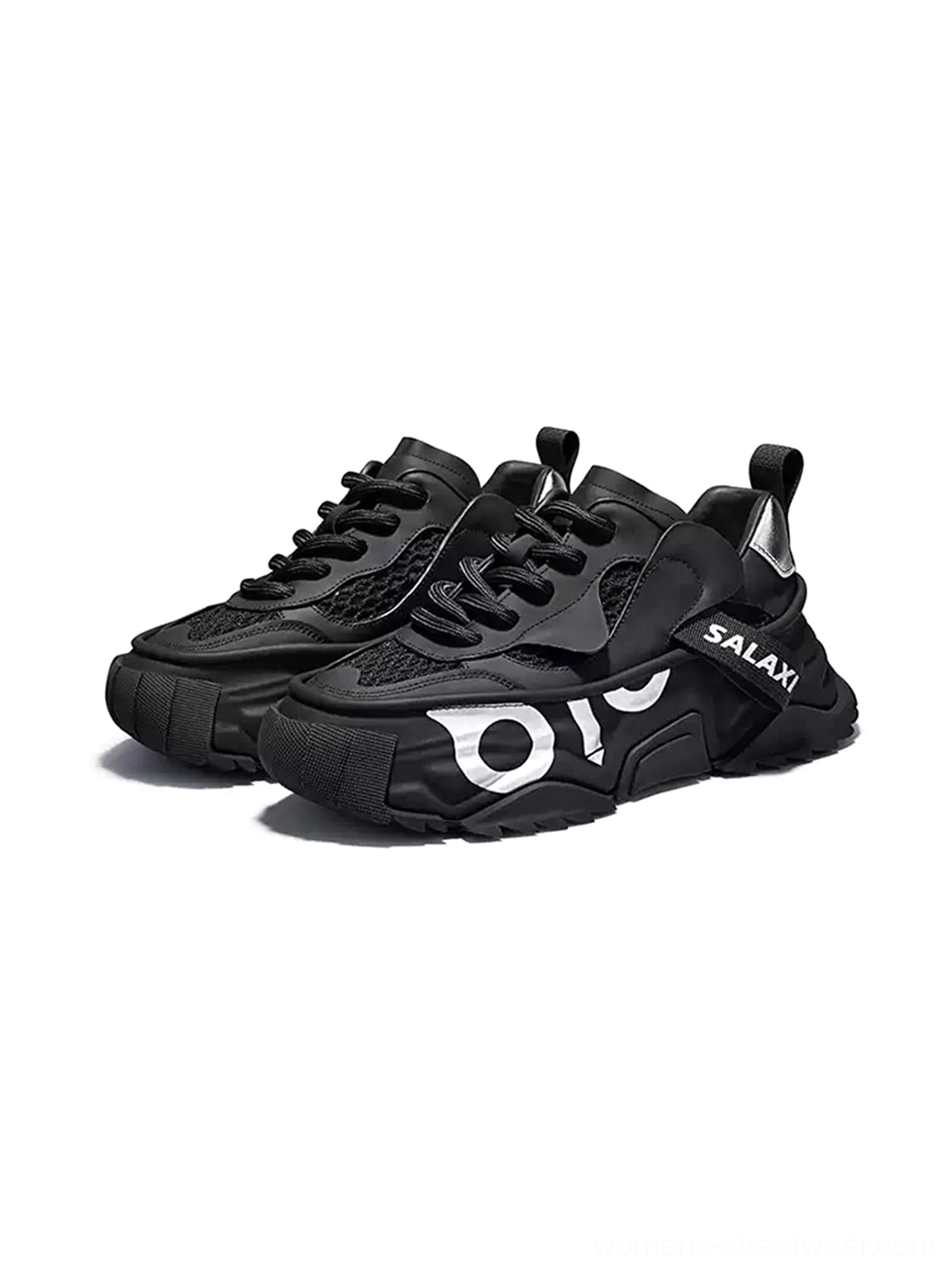 Pair of OWL 3.0 black chunky platform dad sneakers front angle showing layered athletic upper