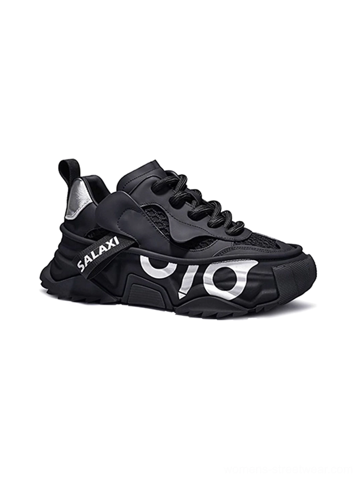 OWL 3.0 black chunky platform sneaker side view with mesh panel graphic detail and thick outsole