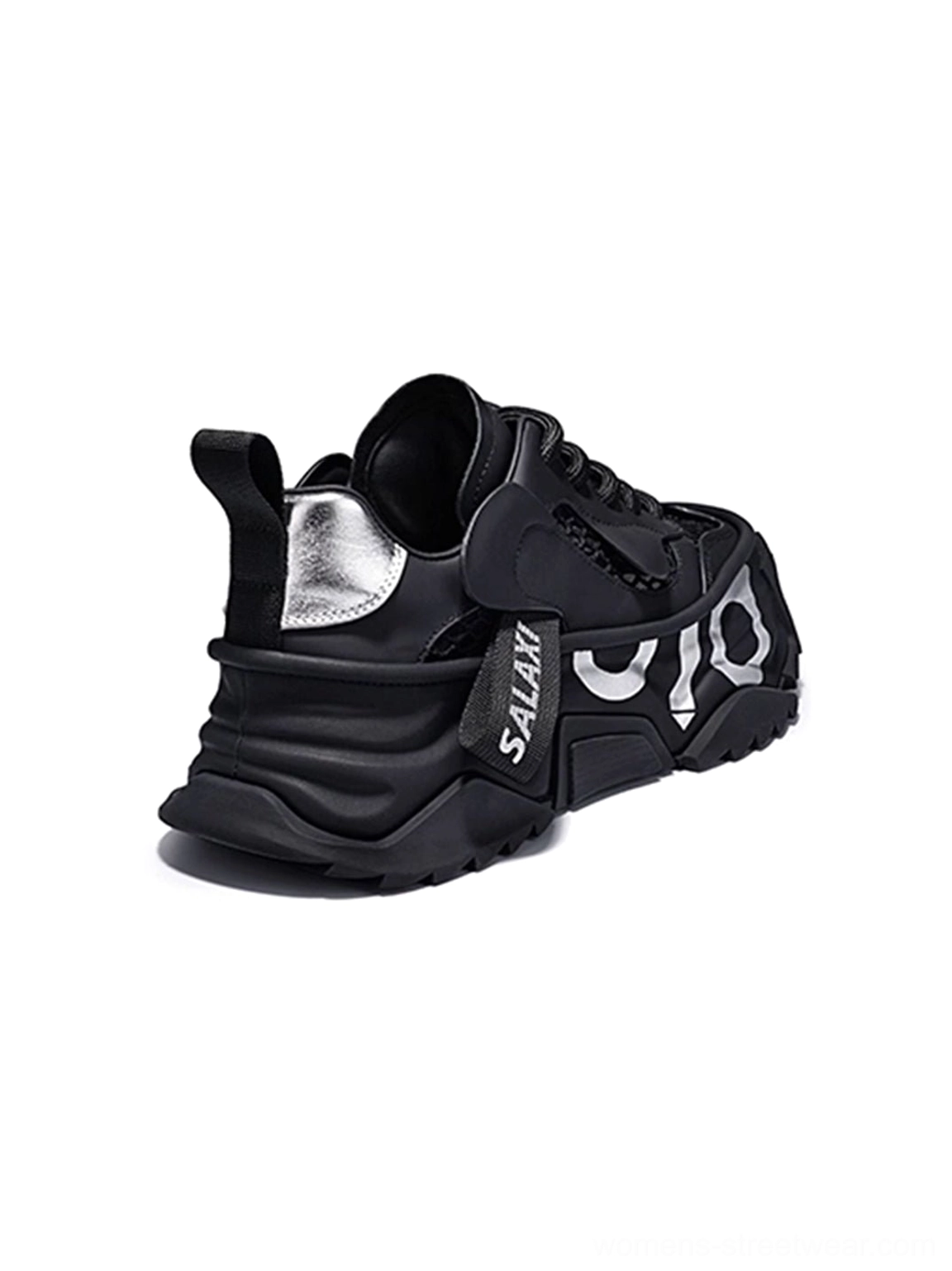 OWL 3.0 black platform dad sneaker rear view showing metallic heel accent and chunky sole