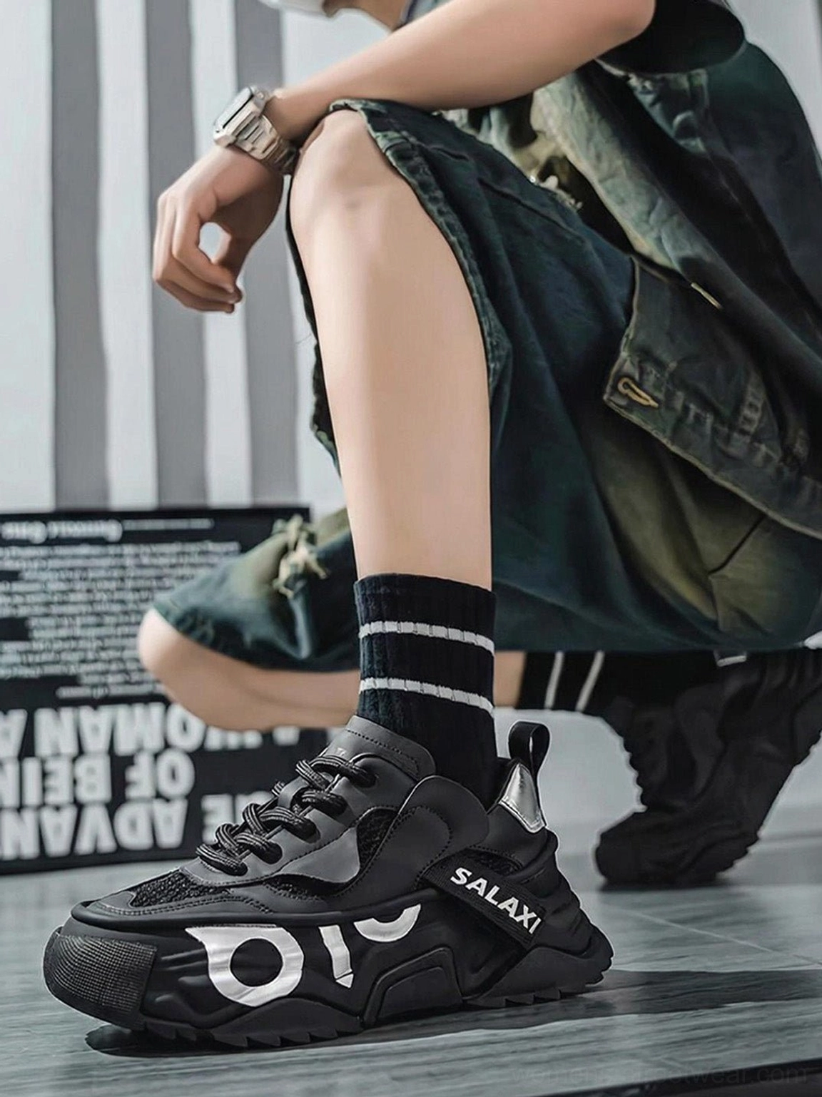 OWL 3.0 black chunky platform dad sneakers worn with striped crew socks and denim shorts streetwear outfit