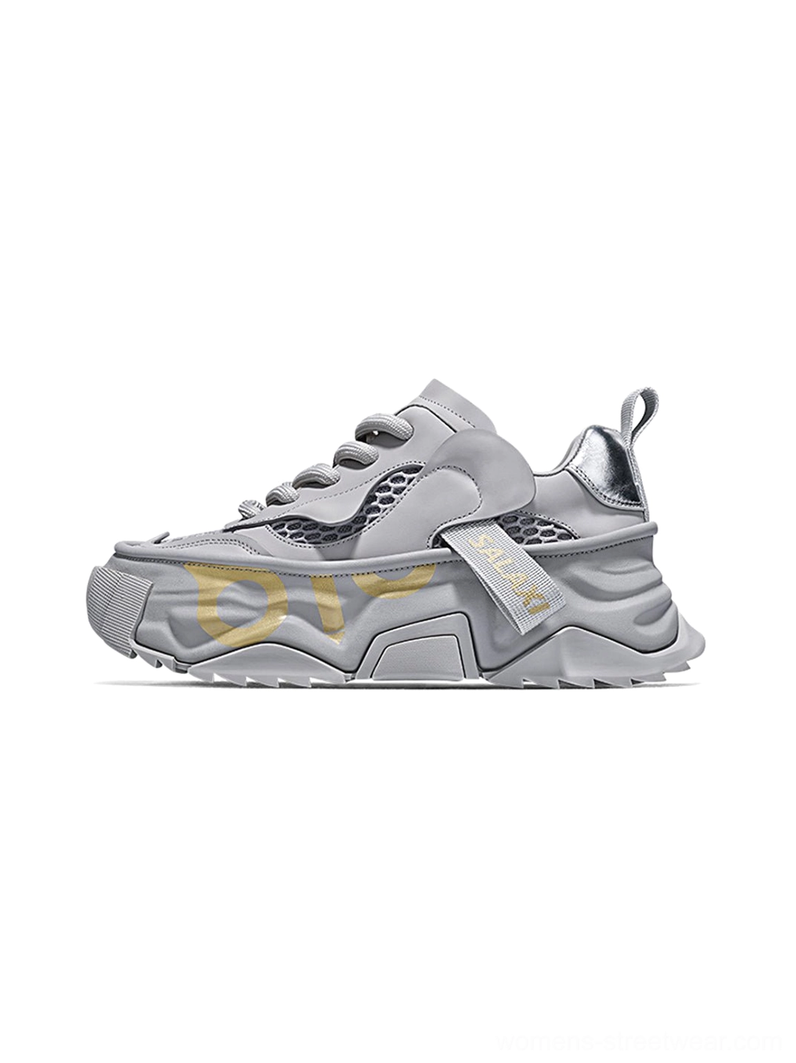 OWL 3.0 grey chunky platform dad sneakers front side view with layered mesh upper and gold graphic accents