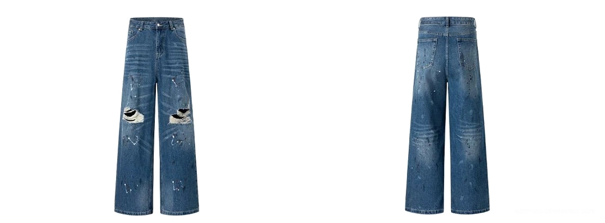 Flat lay front and back view of blue distressed wide-leg jeans with paint splatter accents and oversized denim shape