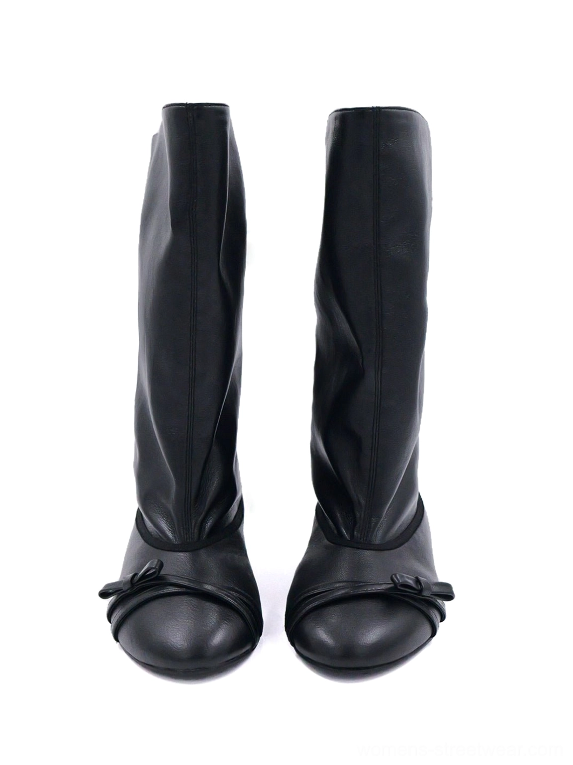 Pair of black pleated foldover mid-calf boots displayed together with rounded toes, bow accents, and low heels