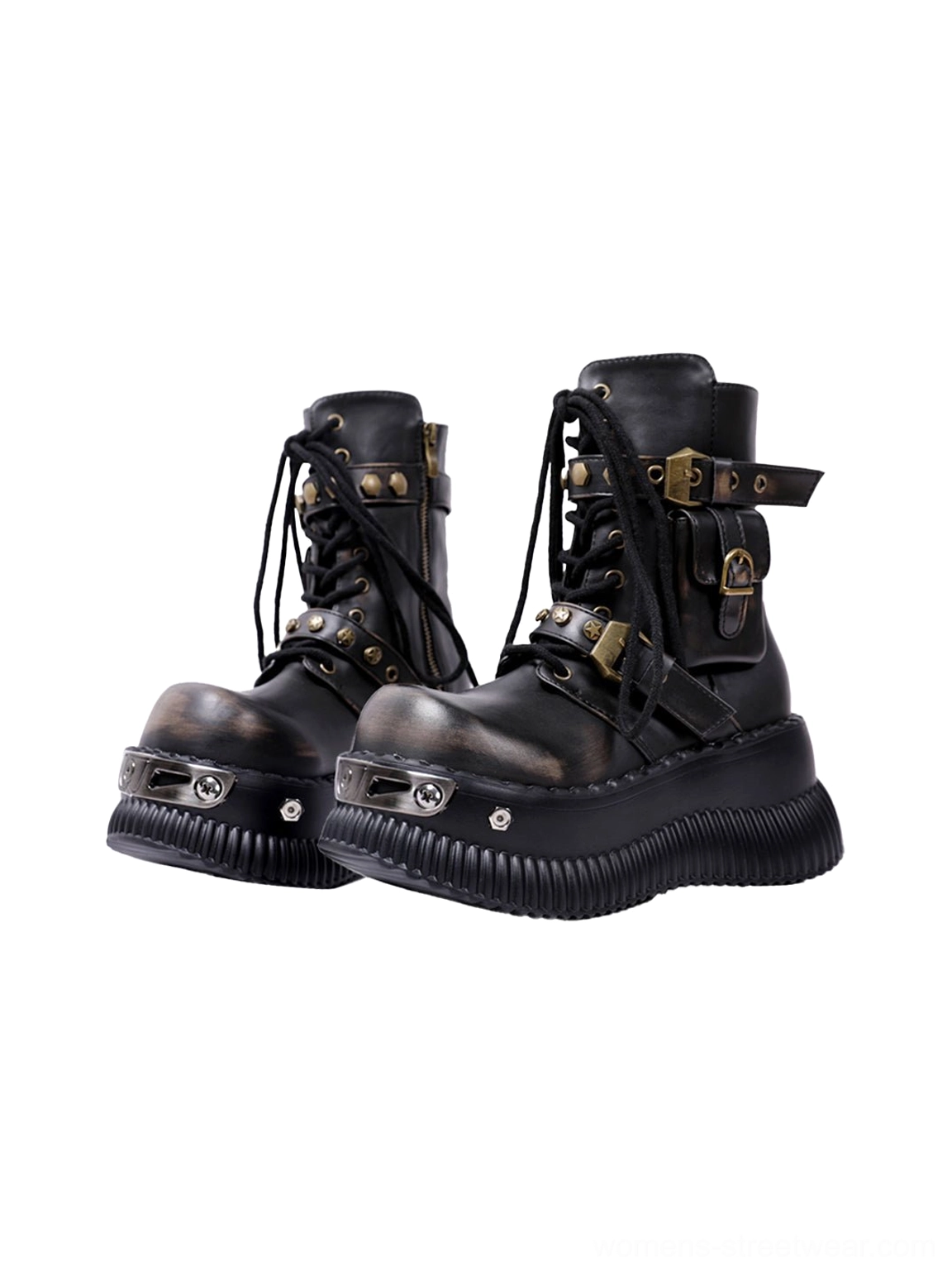 Pair of black punk platform ankle boots displayed from the front side with metal buckles, studded hardware, and textured uppers