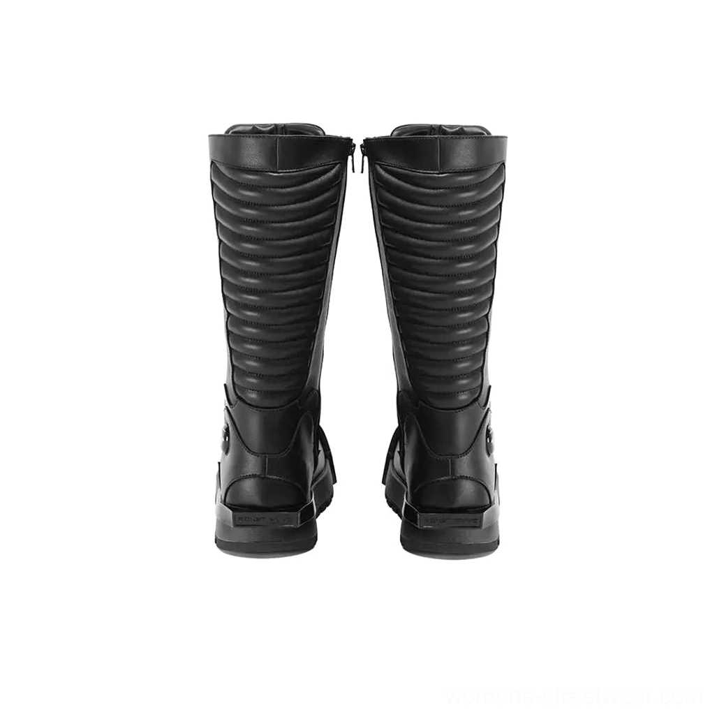Pair of black ribbed knee-high platform combat boots shown from the rear with visible rear zippers, shaft panels, and side emblems