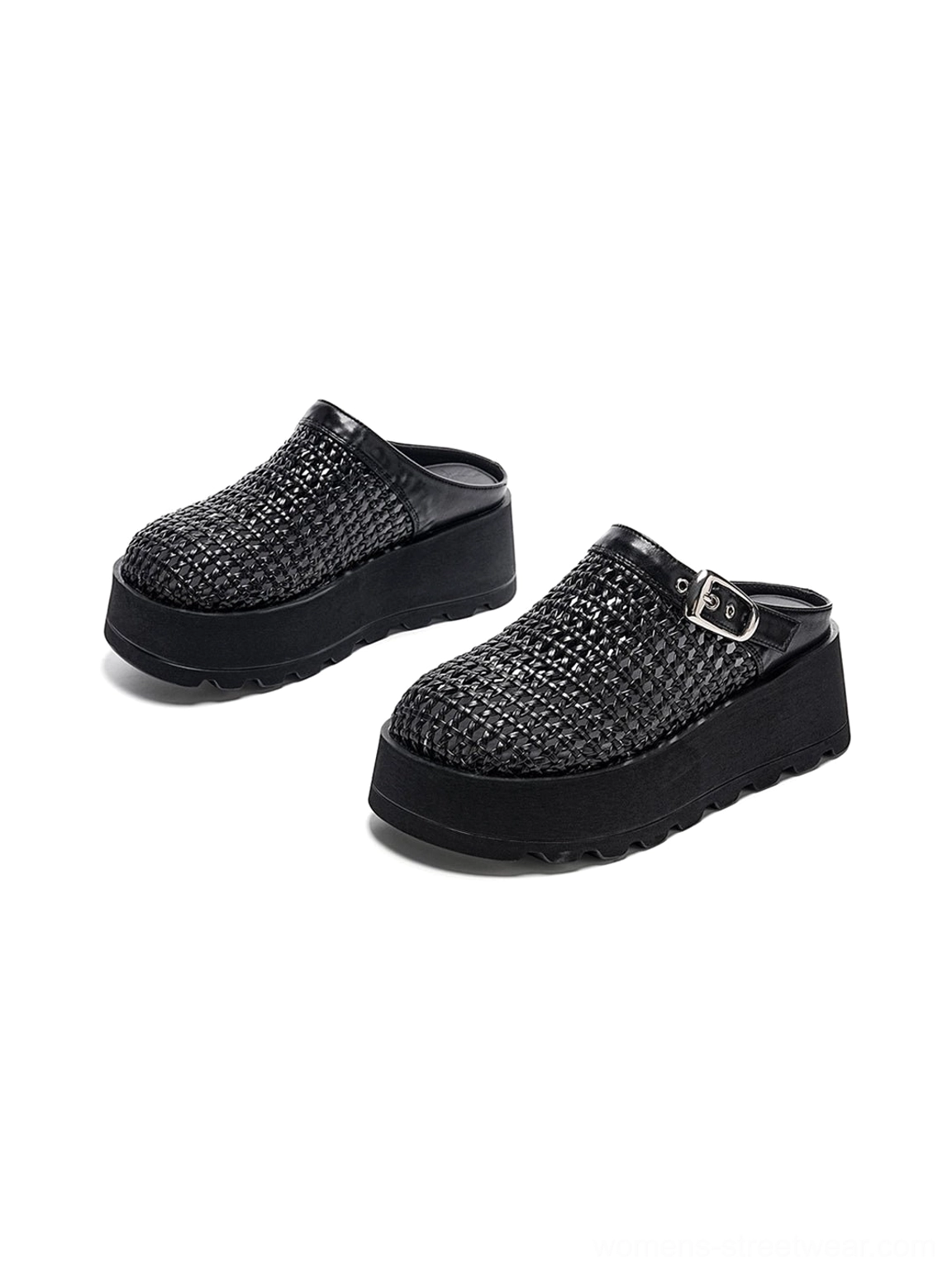 Pair of black woven cutout platform mule shoes displayed from above with textured upper, backless shape and chunky sole