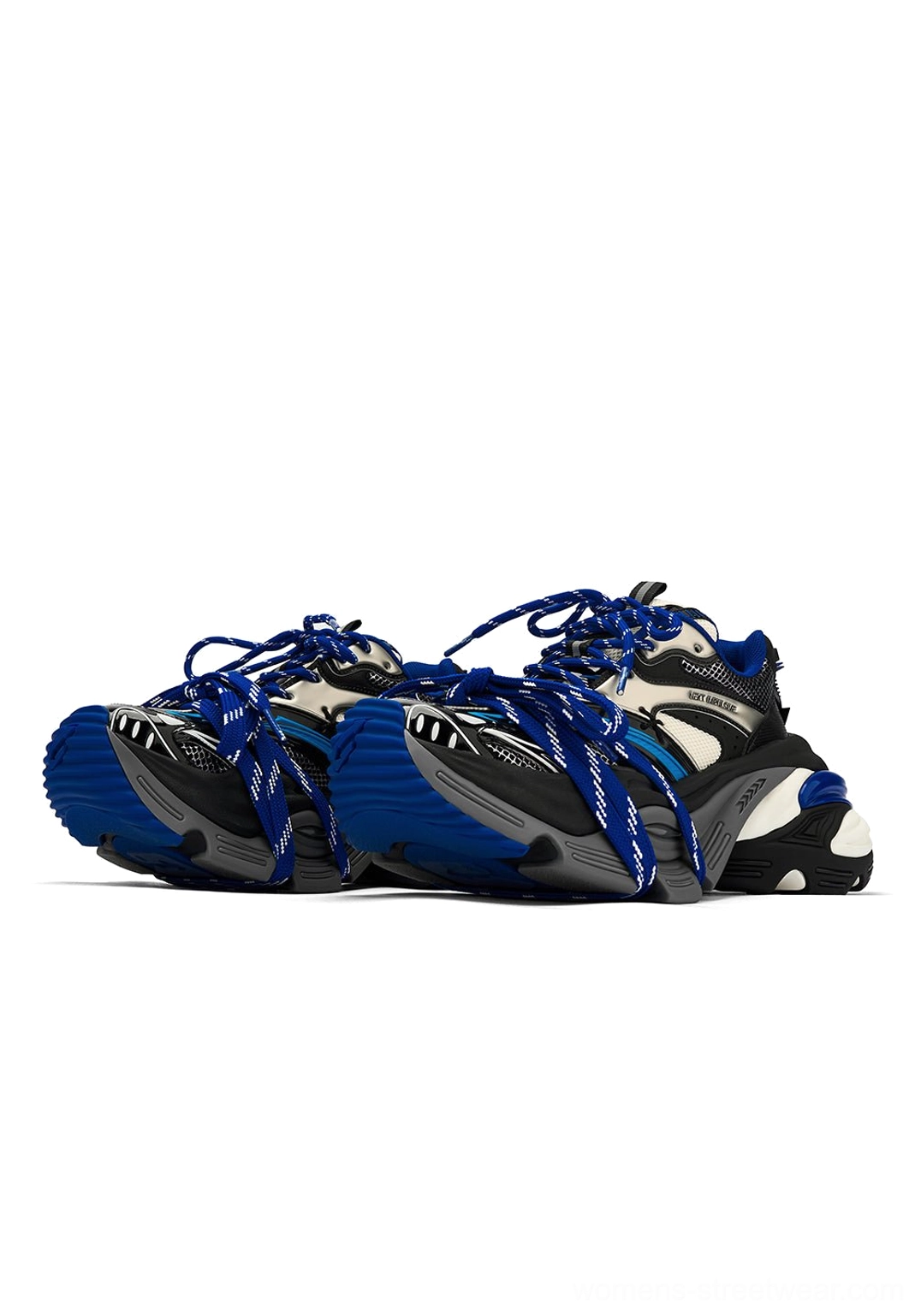 Pair of matching blue black and white retro chunky platform sneakers arranged on a white background with the complete thick sole unit visible