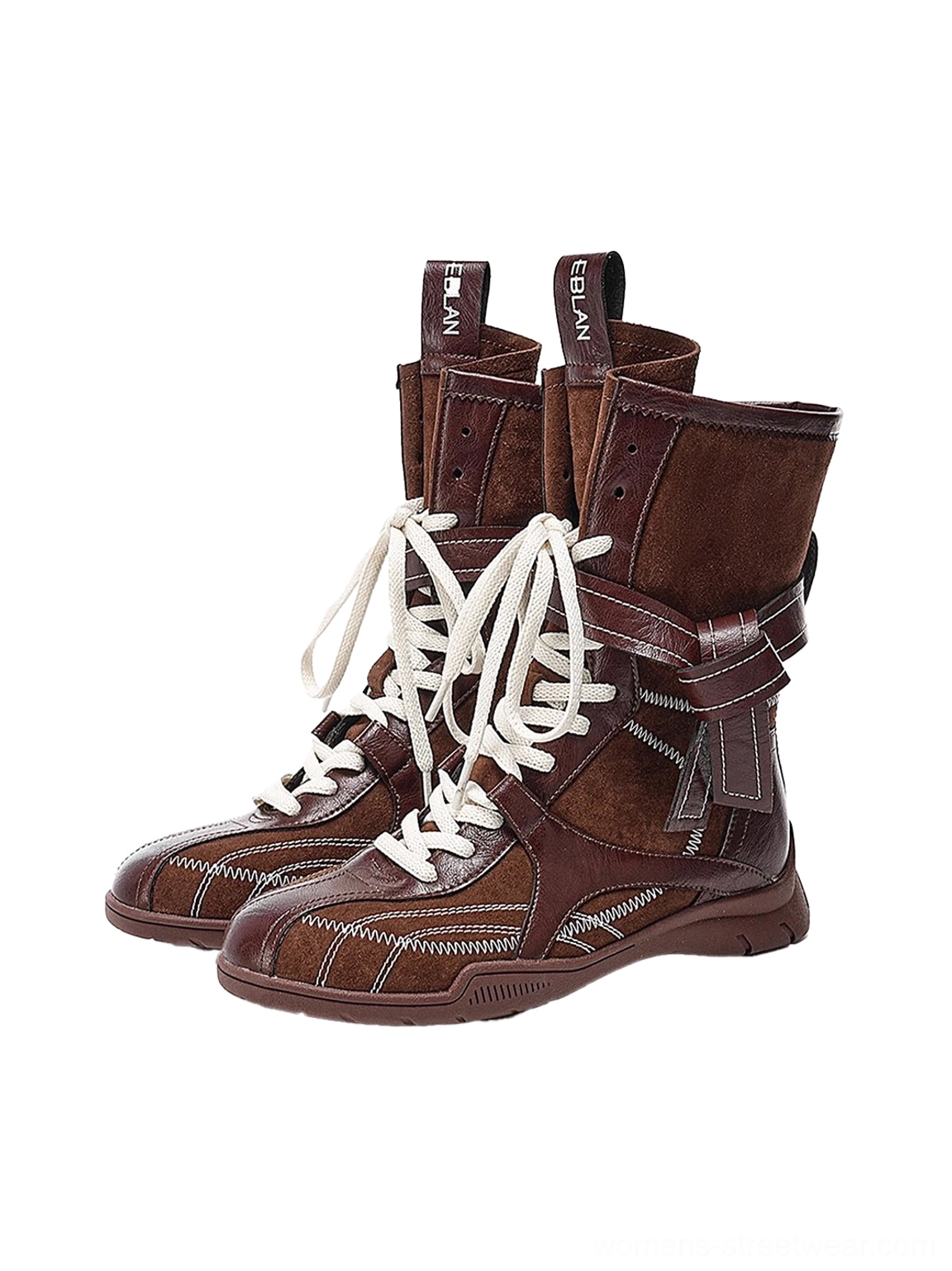 Pair of brown asymmetric foldover lace-up mid-calf utility boots showing contrast laces ankle straps heel pull tabs and rubber soles
