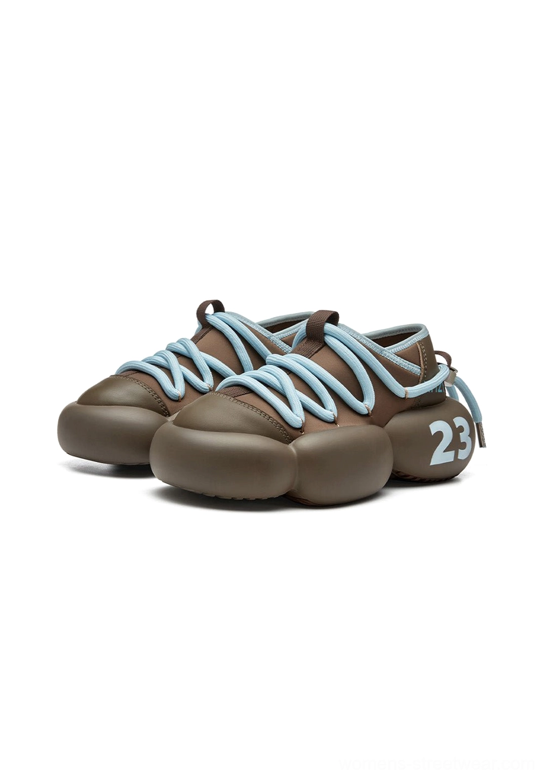 Pair of brown leather summer sneakers viewed from above with contrasting light blue thick laces and sculpted chunky split soles