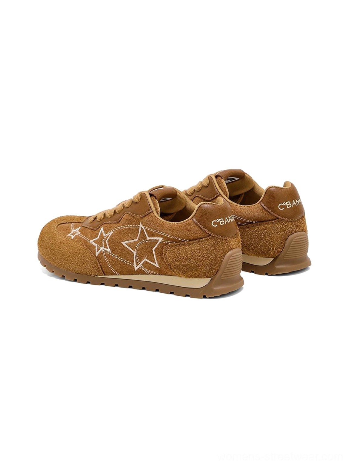 Pair of camel suede-look retro low-top sneakers shown side by side with white star embroidery and textured rubber soles
