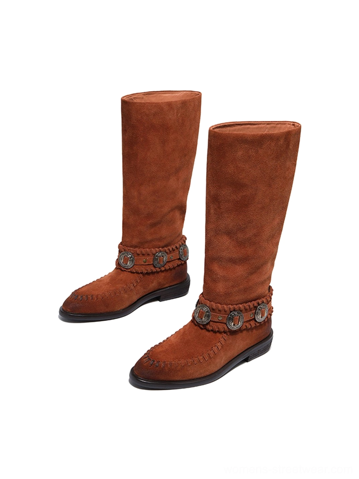Pair of chestnut brown suede-textured western knee-high riding boots with metal buckle straps, moc-toe stitching, and low heels