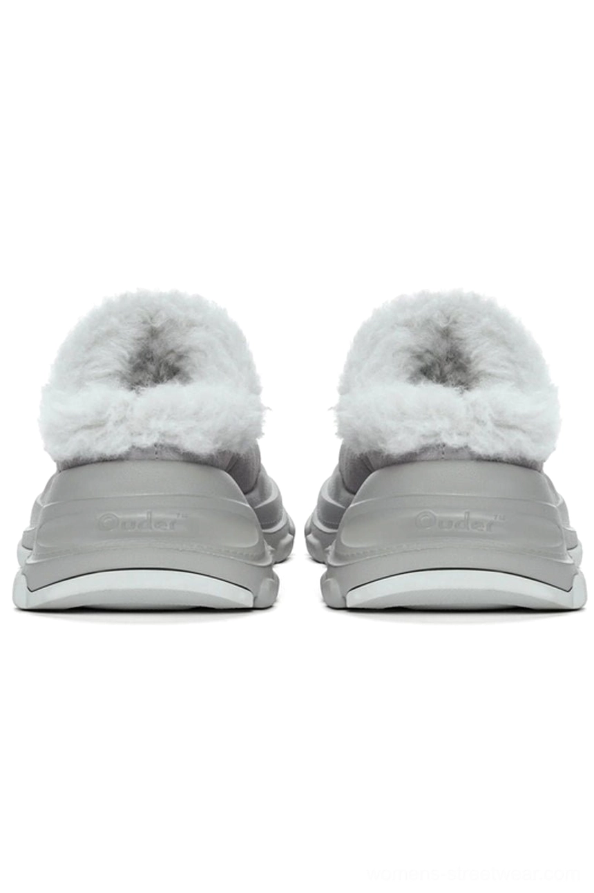 Rear view of a pair of grey faux fur lined platform clogs showing exposed faux fur interior, heel detail, and blocky chunky rubber outsole