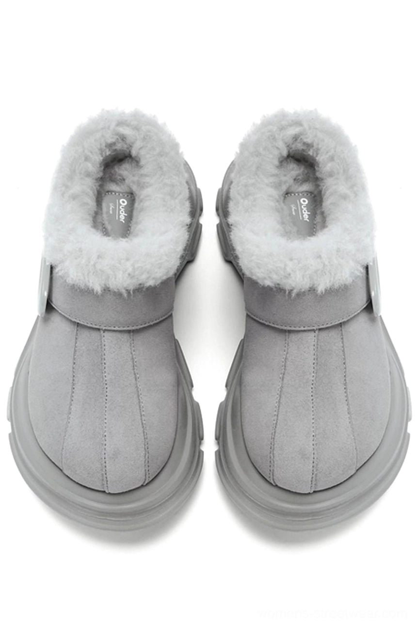 Pair of grey faux fur lined platform clogs viewed from above with stitched toe box, plush fur collar, matching strap, and chunky platform sole