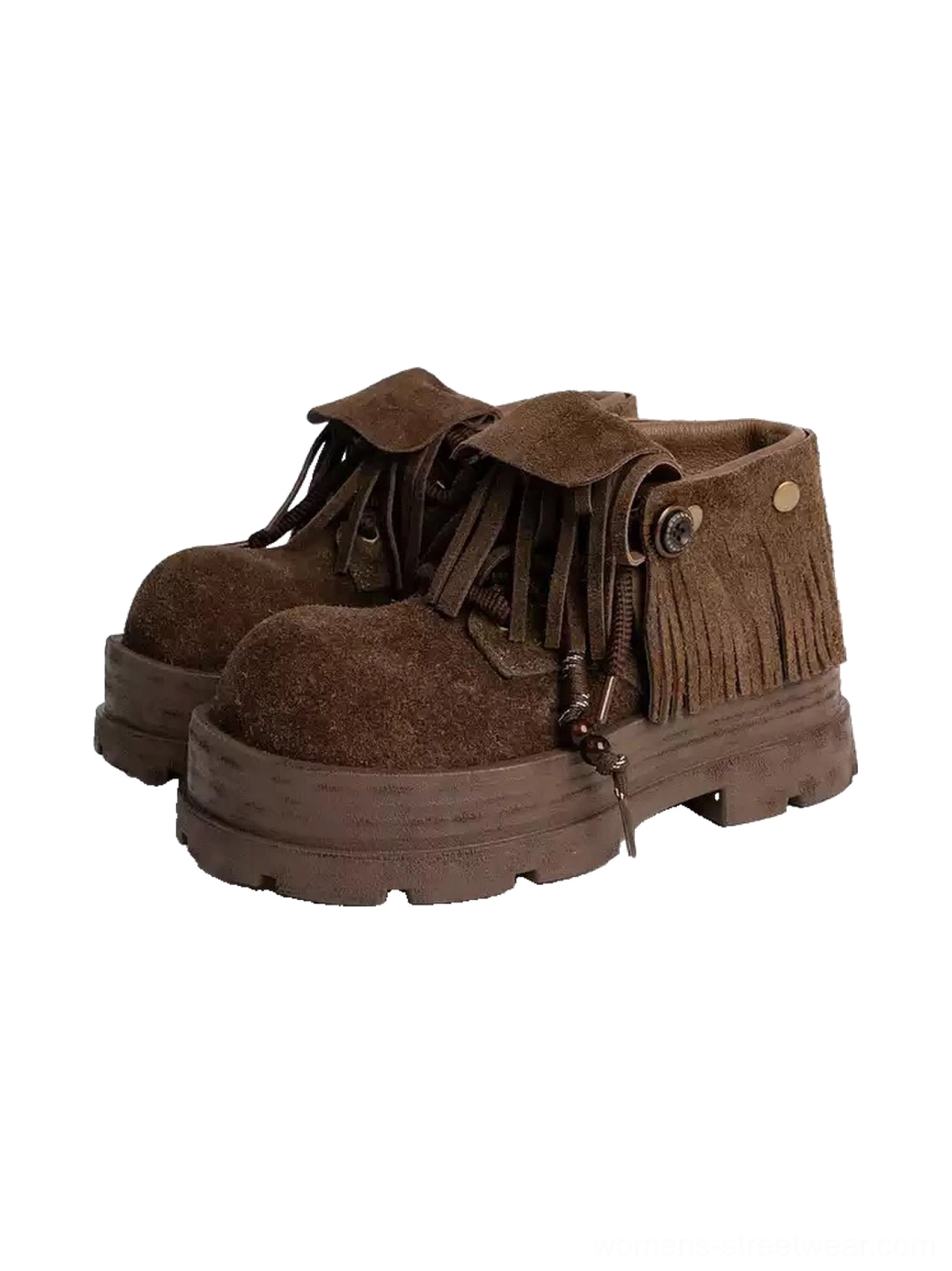 Pair of matching khaki fringed suede platform ankle boots with beaded lace accents, textured tassel cuffs, and chunky streetwear lug soles