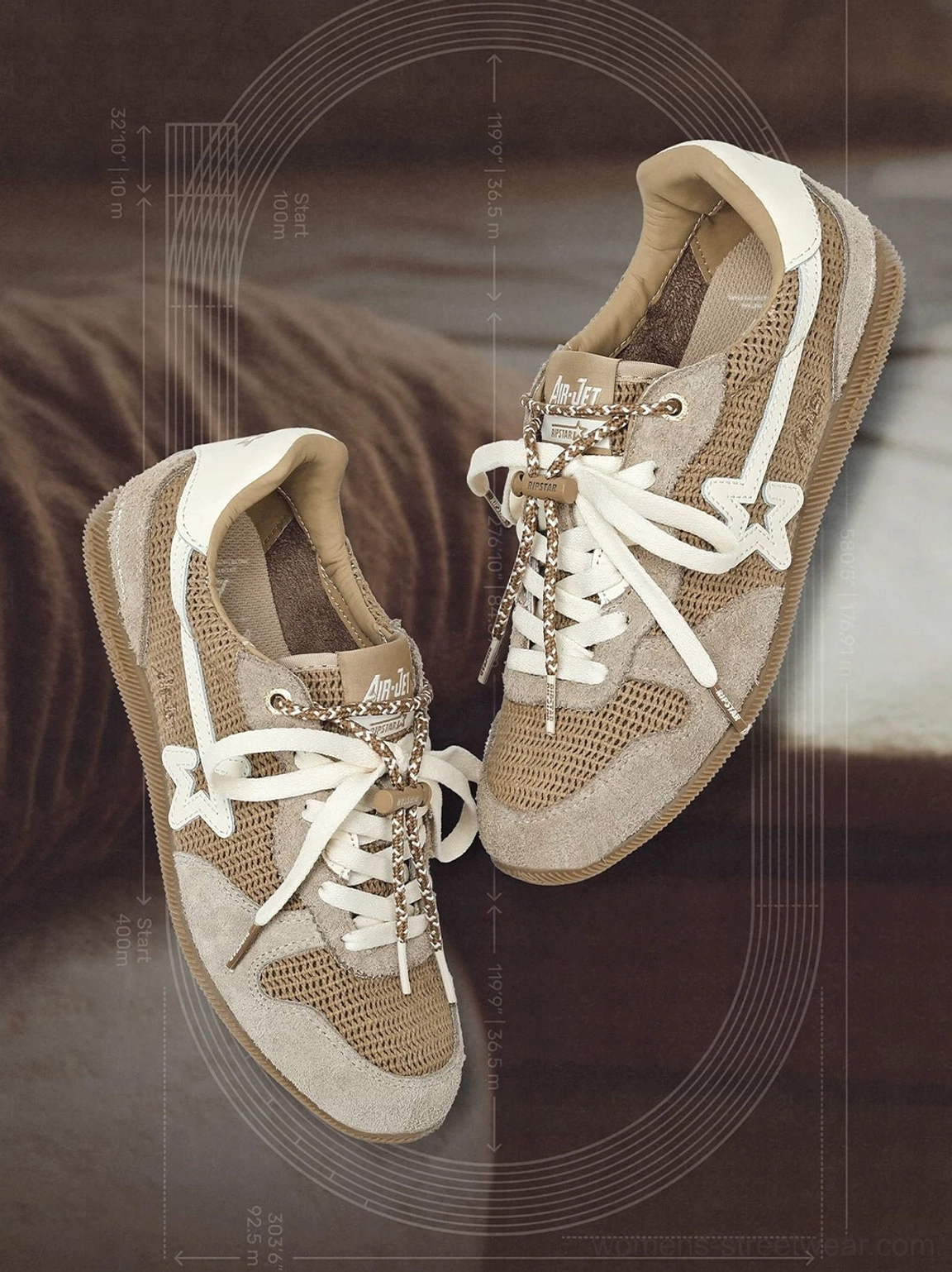 Pair of khaki mesh star German trainer sneakers displayed from the front with white laces and vintage gum soles