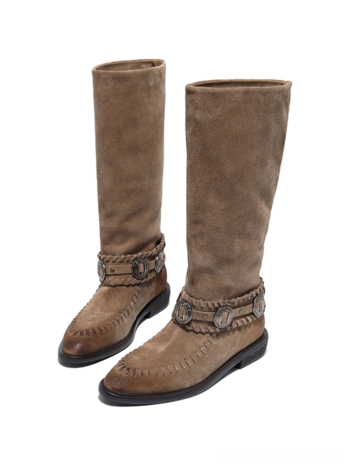 Pair of taupe khaki suede western knee-high riding boots with signature metal buckles, decorative stitching, and low heels