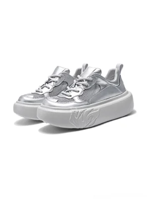 Pair of metallic silver platform sneakers with lace-up closure, breathable mesh upper, rounded chunky outsole, and flame embossed sidewall