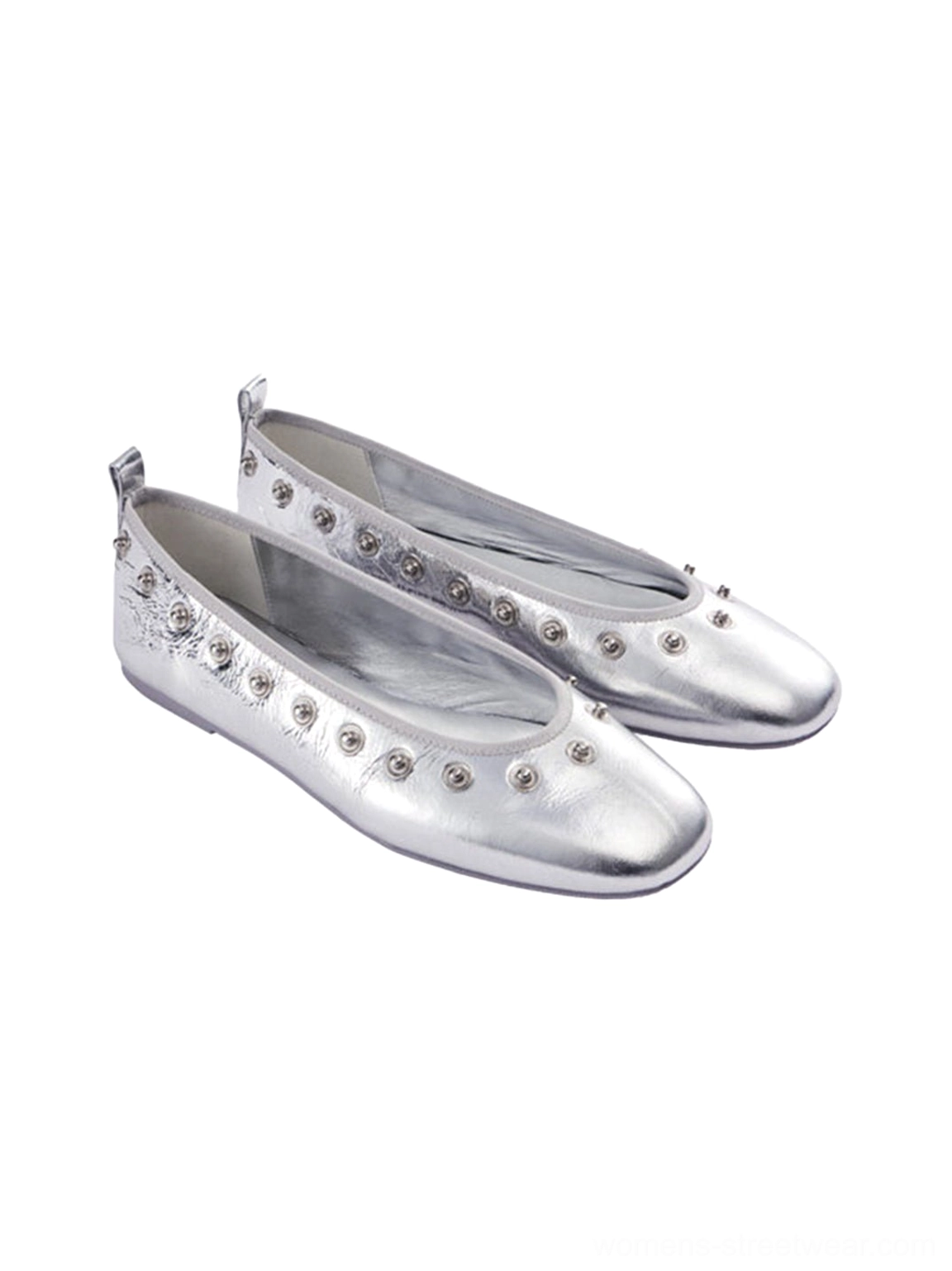 Pair of silver studded square-toe ballet flats with matching heel pull tabs