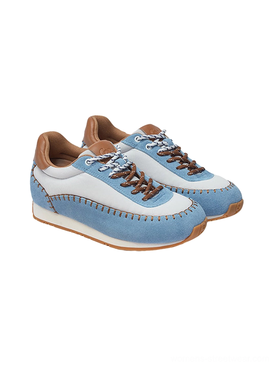 Pair of two-tone suede-textured contrast-stitch platform sneakers with dual-color laces on a white background