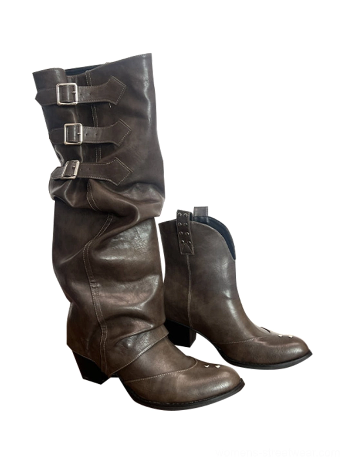 Pair of vintage brown ruched buckle western knee-high boots with pointed toes and stacked low heels