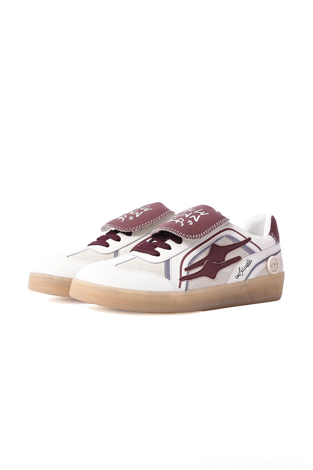 Pair of white and wine red strap retro sneakers displayed together in a front three-quarter studio view