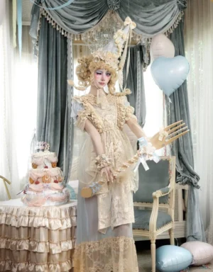 Pale blue and beige lace ruffle empire maxi dress with high neckline and sheer layered skirt in vintage styling