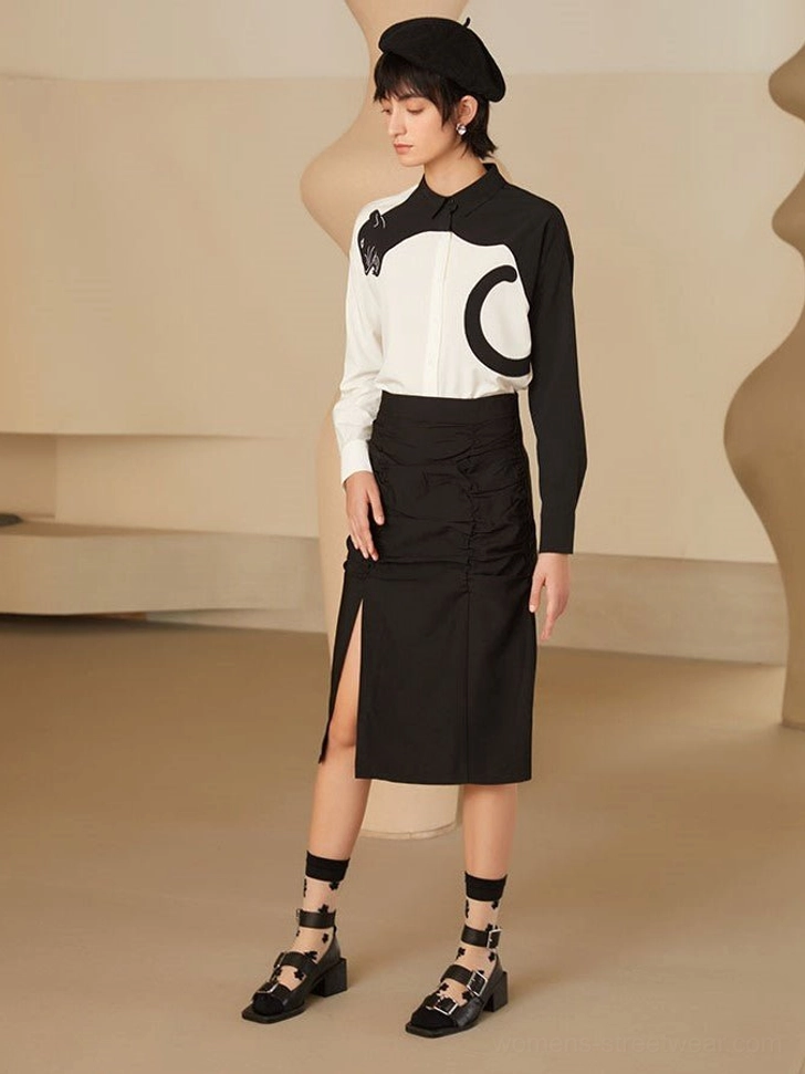 Panther embroidered color block blouse product image showing its graphic Korean streetwear design