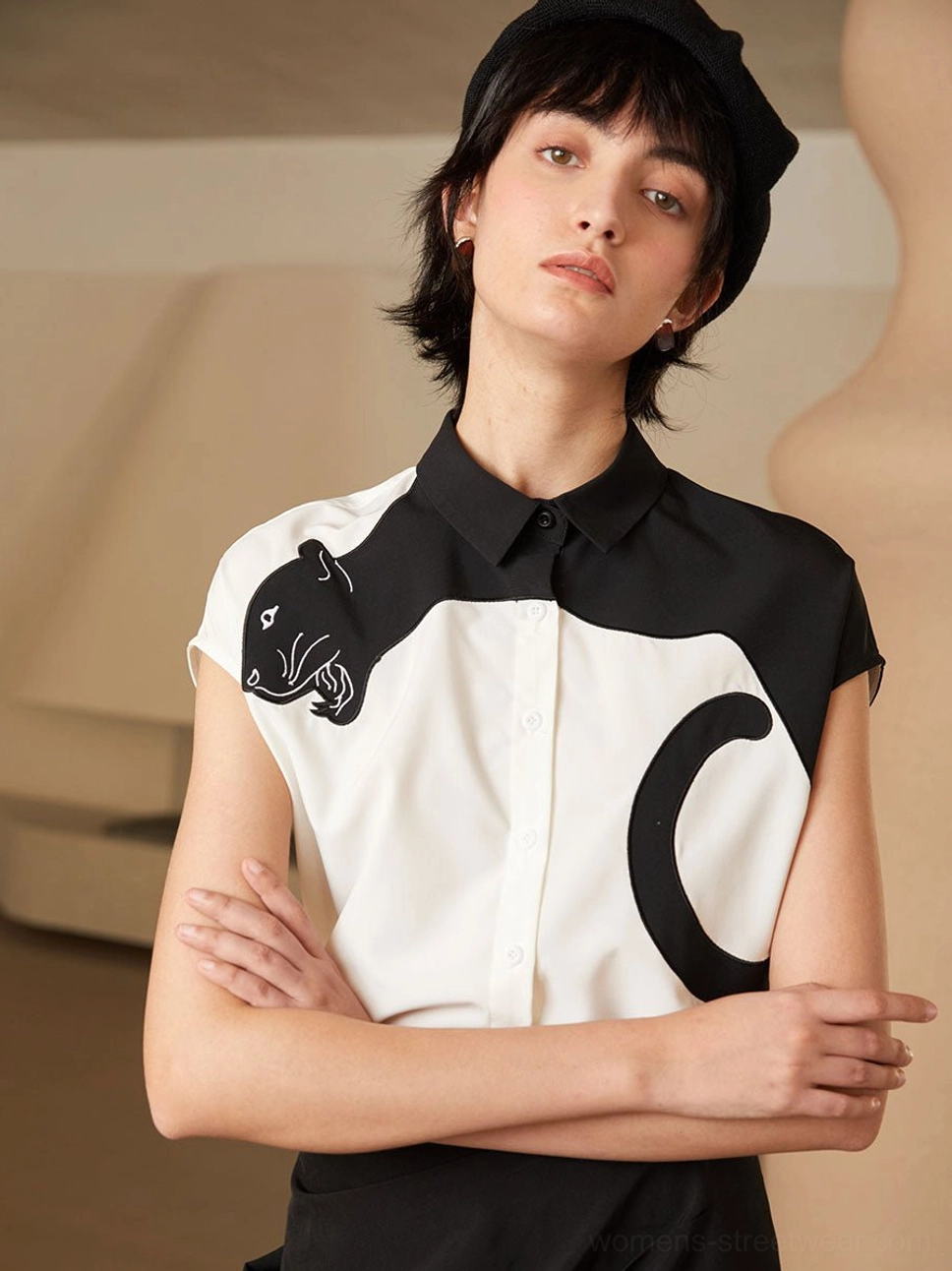 Panther embroidery shirt product image with polished collar details and edgy contemporary streetwear character