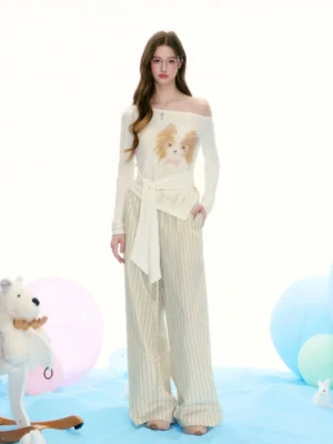 Full outfit styling with Papillon dog print off-shoulder top and striped wide-leg pants in a Korean streetwear look