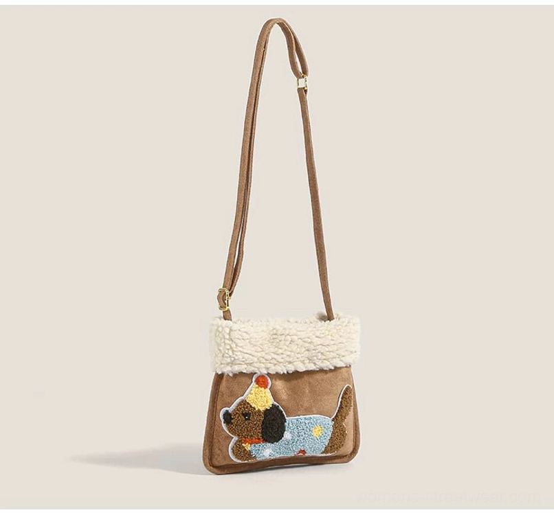 Party pup sherpa faux suede mini crossbody bag centered front view with white fleece trim and puppy embroidery