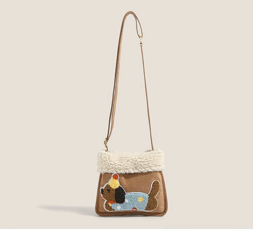 Party pup sherpa faux suede mini crossbody bag hanging front view with full adjustable shoulder strap
