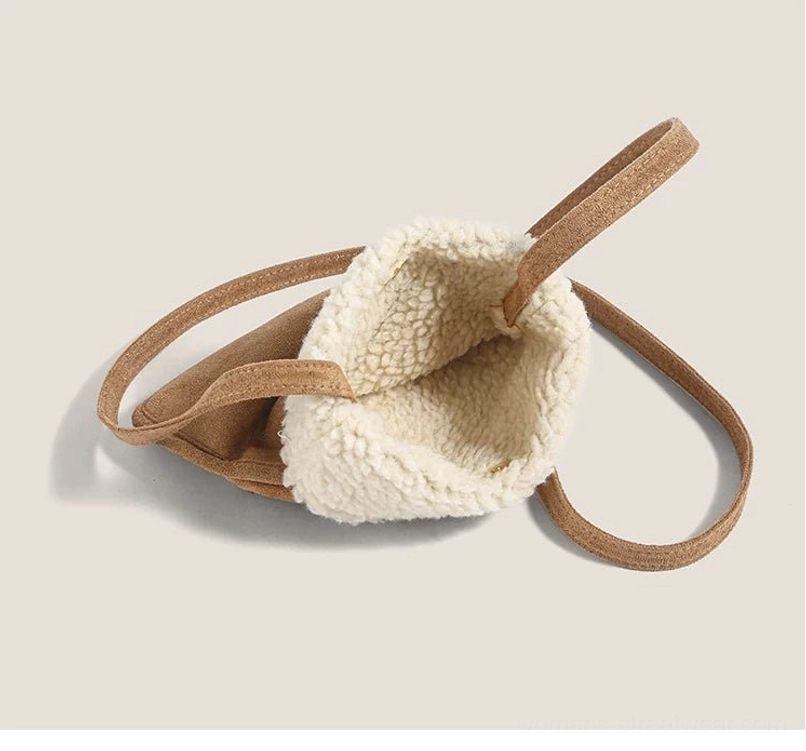 Party pup sherpa faux suede mini crossbody bag open interior view showing soft sherpa flap lining and adjustable strap