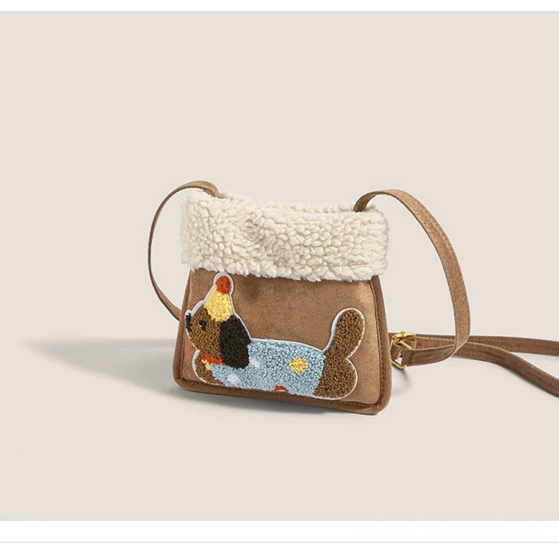 Party pup sherpa faux suede mini crossbody bag rear three-quarter view with brown faux suede back panel