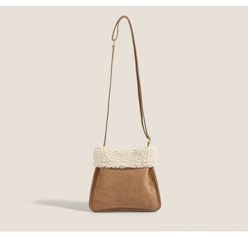 Party pup sherpa faux suede mini crossbody bag straight rear view showing plain brown faux suede panel and sherpa flap trim