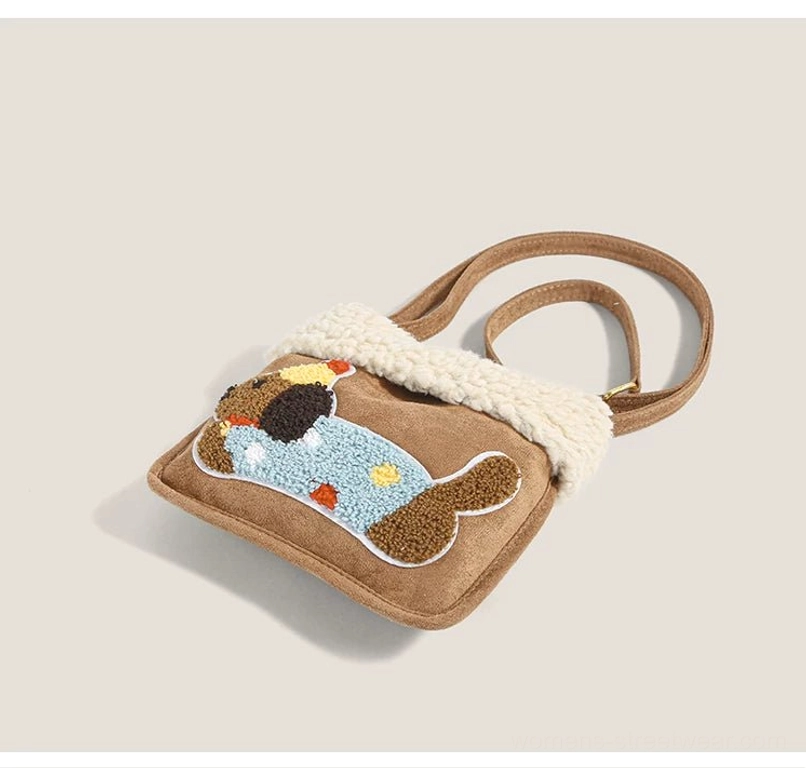 Party pup sherpa faux suede mini crossbody bag top-down front flat lay with embroidered party puppy and fleece flap
